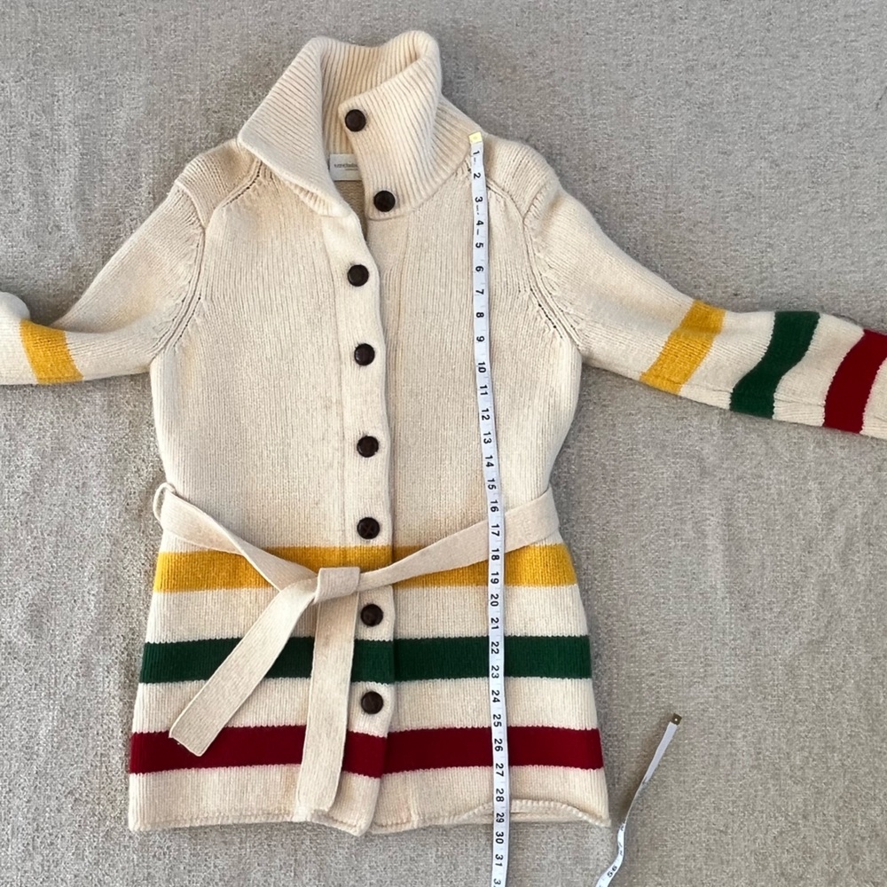 Liz Claiborne Vtg lambs wool blend tie waist sweater, Hudson Bay stripe design - Picture 9 of 16